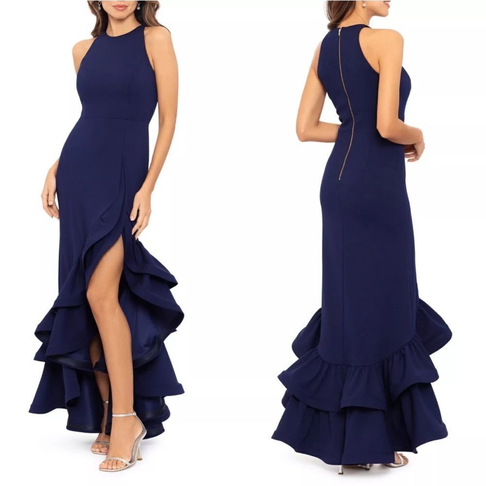 Betsy and Adam A22845 ARIELLE" SCUBA CREPE RUFFLE SLIT GOWN NWT $269